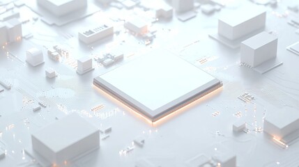 A white square in the center of a circuit board with some wires and chips around it, 3D rendering style, simple background, futuristic technology feel.