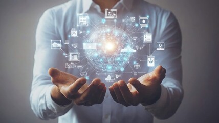 A businessman holds a digital glowing planet with network and global connection technology icons . This business illustration concept depicts the internet cloud technology, , generative ai 