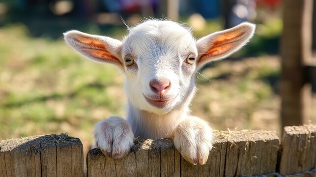 Adorable baby goat kid peeking over wooden fence in a farm pen, bright eyes and soft fur, capturing the charm of domestic livestock, cute animal, farm life, portrait. - Powered by Adobe