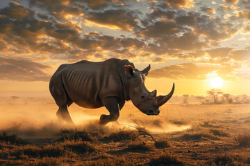 Fototapeta premium A rhinoceros standing on a sunlit savanna, with dust rising around its feet as it gazes into the distance.