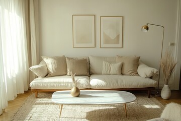 Minimalist living room neutral tones beige sofa