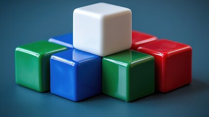 Fototapeta premium Colorful plastic cubes for children's games. The white cube stands above the huning and blue cubes, the green and red cubes stand next to it. 