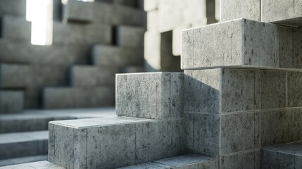 House construction site showcasing provisional walls constructed with grey concrete blocks and detailed stone textures.