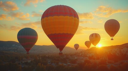 Obraz premium Group of colorful hot air balloons soaring above urban landscape