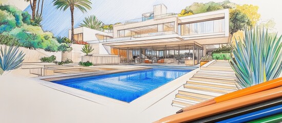 Fototapeta premium Architectural drawing of modern house with pool.