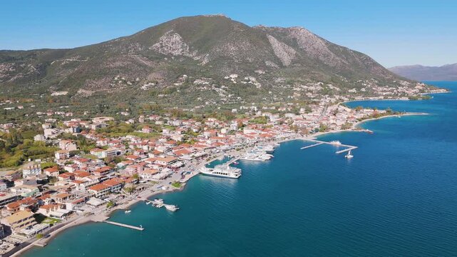 Aerial drone view of the coastal town of Nydri on the island of Lefkada in Greece.
