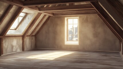 Drywall installation in an unfinished attic space showcasing wooden beams and natural light in new home construction