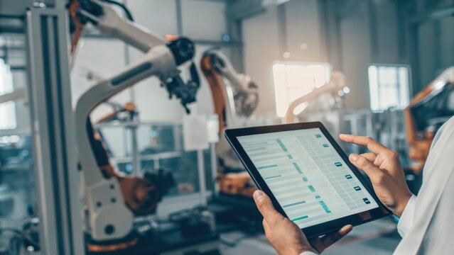 An AI analytics interface featuring predictive maintenance alerts alongside a technician analyzing data on a tablet while machines operate in the background.