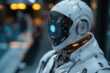 Fototapeta premium A detailed look at a robot with a helmet, perfect for illustrations or technology-related uses