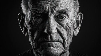 Close-up black and white portrait of a senior man's face showing age, wrinkles, and serious expression.