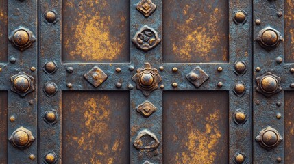 Close up view of weathered rusty metal surface showcasing intricate textures and decorative elements in high resolution