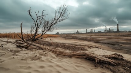 Desolate industrial landscape with dead trees and sand illustrating ecological damage and environmental challenges under a gloomy sky