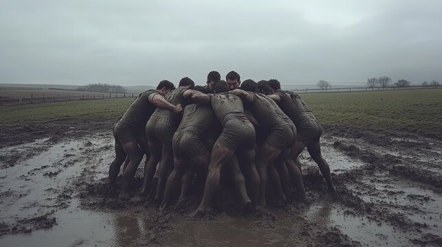 A group of rugby players huddle together in the middle of a muddy field, their arms around each other as they prepare for a game. The field is covered in mud and water, and the sky is overcast.