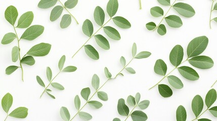 Obraz premium Fresh green leaves arranged on a clean white background