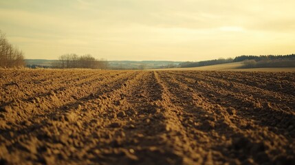 Plowed Farm Field Landscape Closeup of Earth Soil Detail Agriculture with a Beautiful Sunset Sky in the Background