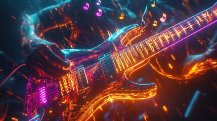 A vibrant, glowing electric guitar with musical notes, emphasizing the energy of music.