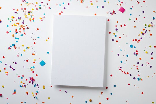 Customizable birthday invitation card mockup display is surrounded by colorful confetti on white background
