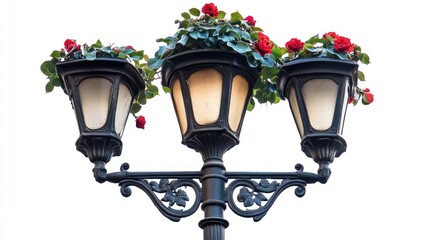 Floral adorned street lamp with vibrant flowers and elegant design on isolated white background