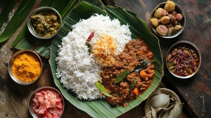 Authentic Indian non vegetarian dish featuring spicy mutton curry served with fragrant rice and vibrant side dishes on a banana leaf.