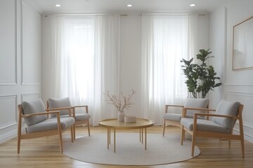 Fototapeta premium Minimalist living room Scandinavian design white walls with wainscoting