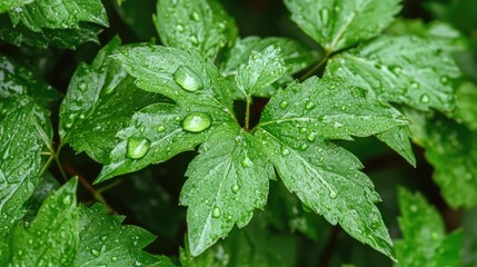 Macro shot of green leaves adorned with dewdrops showcasing nature's beauty and freshness after rain.