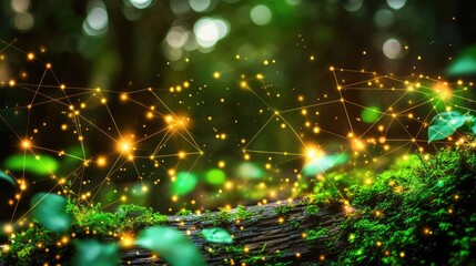 Sustainable energy network concept with glowing connections on wooden surface in a lush green environment symbolizing environmental protection