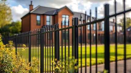 Black wrought iron fence enclosing modern residential development with well-maintained lawn and contemporary architecture on a sunny day.