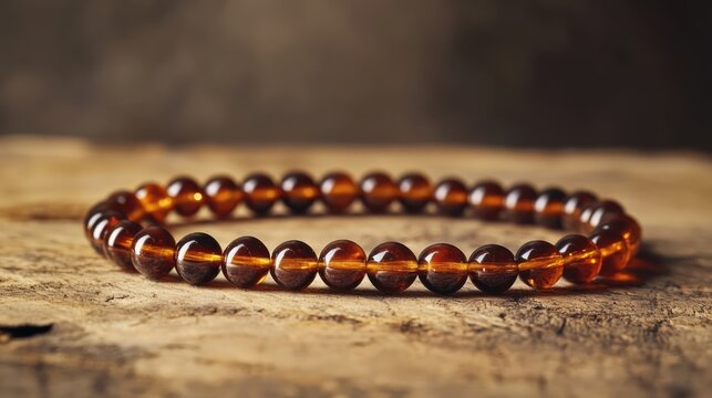 Elegant dark brown Baltic amber necklace with smooth round beads, displayed on rustic wooden surface, jewelry, craftsmanship, vintage style, natural materials.