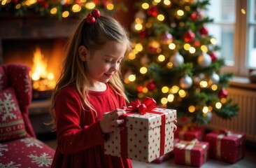 A girl opens a Christmas present by the Christmas tree