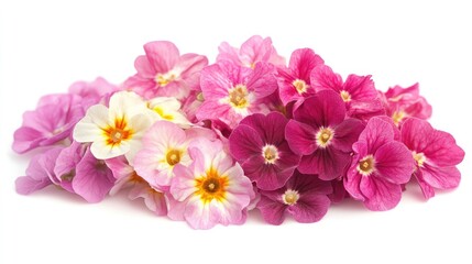Fototapeta premium Colorful variety of early spring Primroses Primula vulgaris isolated on white background perfect for seasonal floral designs and decorations