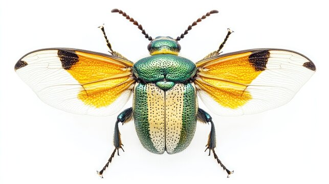 Colorful beetle Dermestes bicolor isolated on white background showcasing details of its wings and body suitable for educational or scientific use