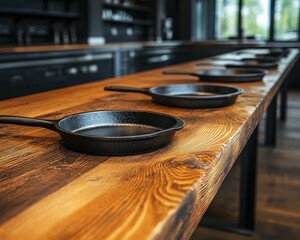 Fototapeta premium Warm Rustic Kitchen Design Vintage Cast Iron Skillets, Handcrafted Wooden Utensils, and Textured Surfaces Create a Cozy and Inviting Cooking Space The Image Showcases a Beautifully Crafted Wooden