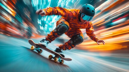 Young caucasian male skateboarder in colorful gear skating at night