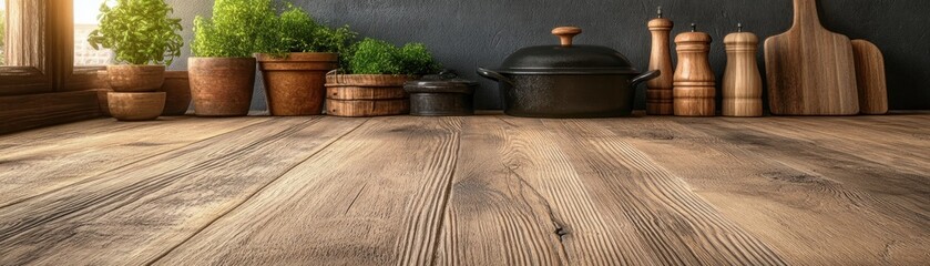 Fototapeta premium Warm Rustic Kitchen Wooden Table, Textured Surfaces, Cast Iron Pots, Heirloom Recipes Vintage Cooking Ambiance Discover the charm of a timeless kitchen design, perfect for creating cozy meals and