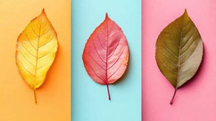 Obraz premium Colorful dry leaves arranged on vibrant backgrounds for creative advertising concepts and seasonal promotions.