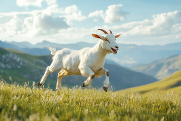 A happy goat jumping on a beautiful pasture at green hills.Farm animals.