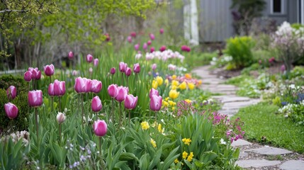 Vibrant spring flowers blooming along a stone pathway in a lush green garden setting