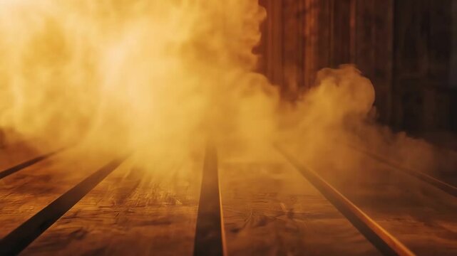 Warm steam rising on wooden sauna floor, golden light and relaxation atmosphere, water wellness concept