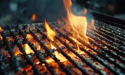 A close-up of a grill with flames and smoke, creating a dynamic cooking atmosphere.