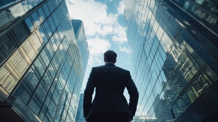 Fototapeta premium Businessman observing skyscrapers representing stable financial planning and fixed interest rates for investment and long-term strategies.