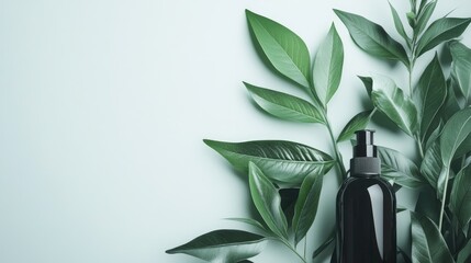Dark cosmetic bottle with green leaves on light background for beauty and eco-friendly product promotion minimalist aesthetic design