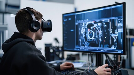 Engineer using virtual reality technology for immersive training program in high-tech environment