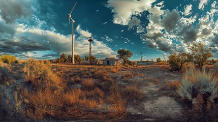 Captivating Landscape of Wind Turbines and Old Structures Under Dramatic Skies Showcasing the Beauty of Renewable Energy and Rural Serenity in a Deserted Setting