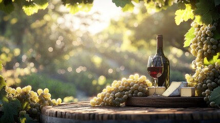 A bottle of red wine, a glass of red wine, a cheese board, and a bunch of grapes on a wooden table in a vineyard.