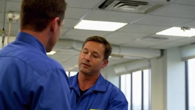 Maintenance worker replacing air filters in office building discussing with colleague or maintenance worker changing air filters in office or office worker replacing air filters in commercial building