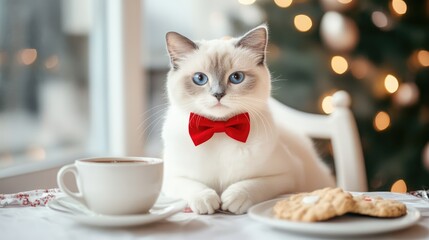 Adorable white cat with blue eyes wearing a red bow tie, sitting at a table adorned with a cup of coffee and cookies, festive holiday ambiance, pet, lifestyle, cozy scene.