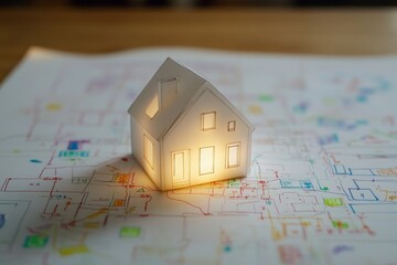 Illuminated Paper House Model on Colorful Architectural Blueprint with Detailed Sketches and Planning Elements Showcasing Design and Creativity in Architecture
