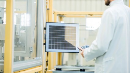 An engineer observing a digital monitor displaying realtime data analytics of the solar panel manufacturing process illustrating the integration of technology and automation.