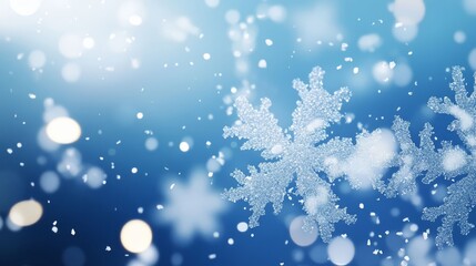 Fototapeta premium Abstract background with snowflakes and bokeh lights on a blue background. Christmas concept. Snowy winter scene.
