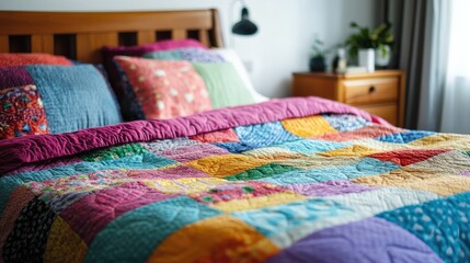 Fototapeta premium Vibrant patchwork quilt displayed on a cozy bed with decorative pillows creating a warm and inviting bedroom atmosphere.